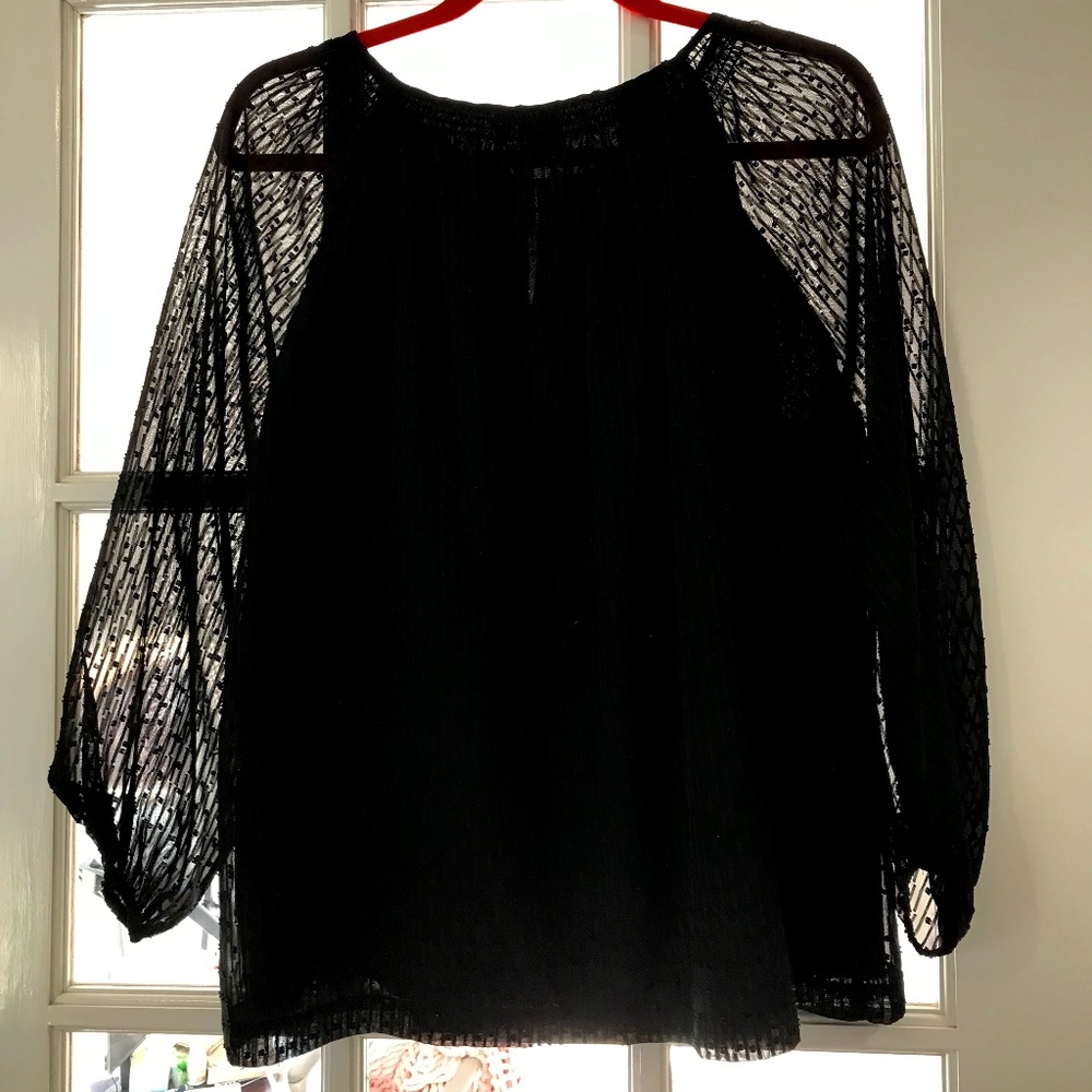 Black Kaari Blue Blouse Size L EUC with Sheer Sleeves